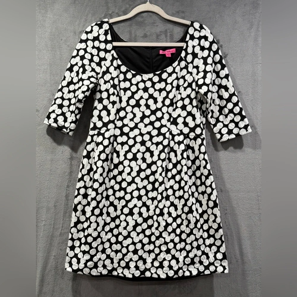 Betsy Johnson Black White Polka Dot 3/4 Sleeve Above Knee Dress Pockets Size 10 - Picture 1 of 13